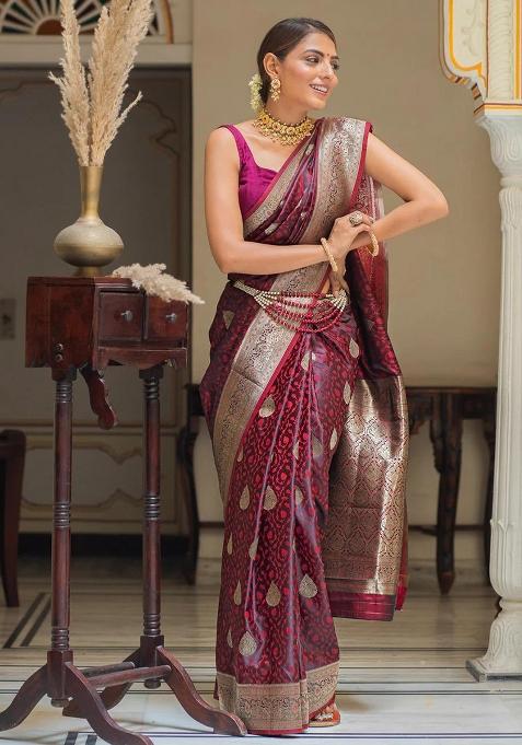 Wine Embroidered Silk Saree Set