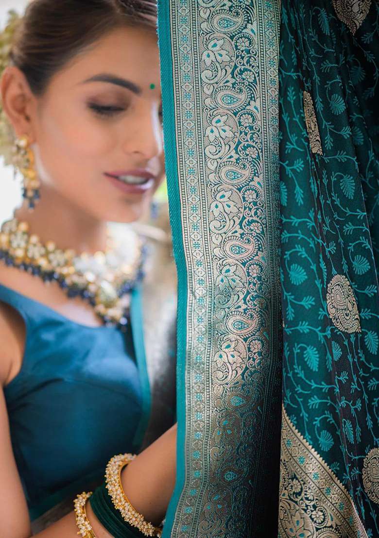 Green Silk Blend Saree Set with Embroidered for Diwali | Wedding & Festive Wear - Indya