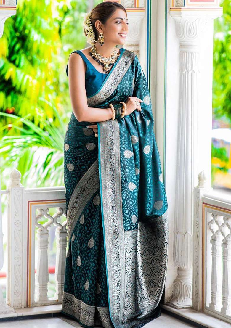 Blue Embroidered Silk Blend Saree Set for Diwali and Festive Wear - Indya