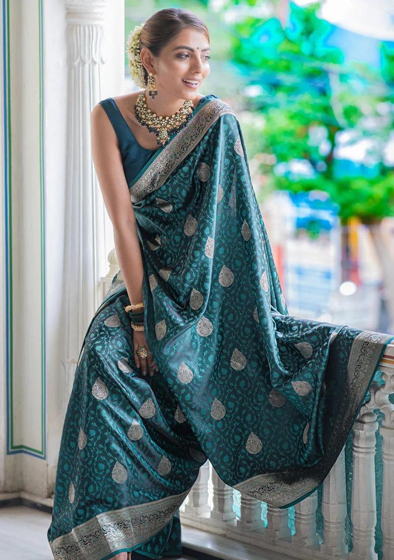 Blue Embroidered Silk Saree Set