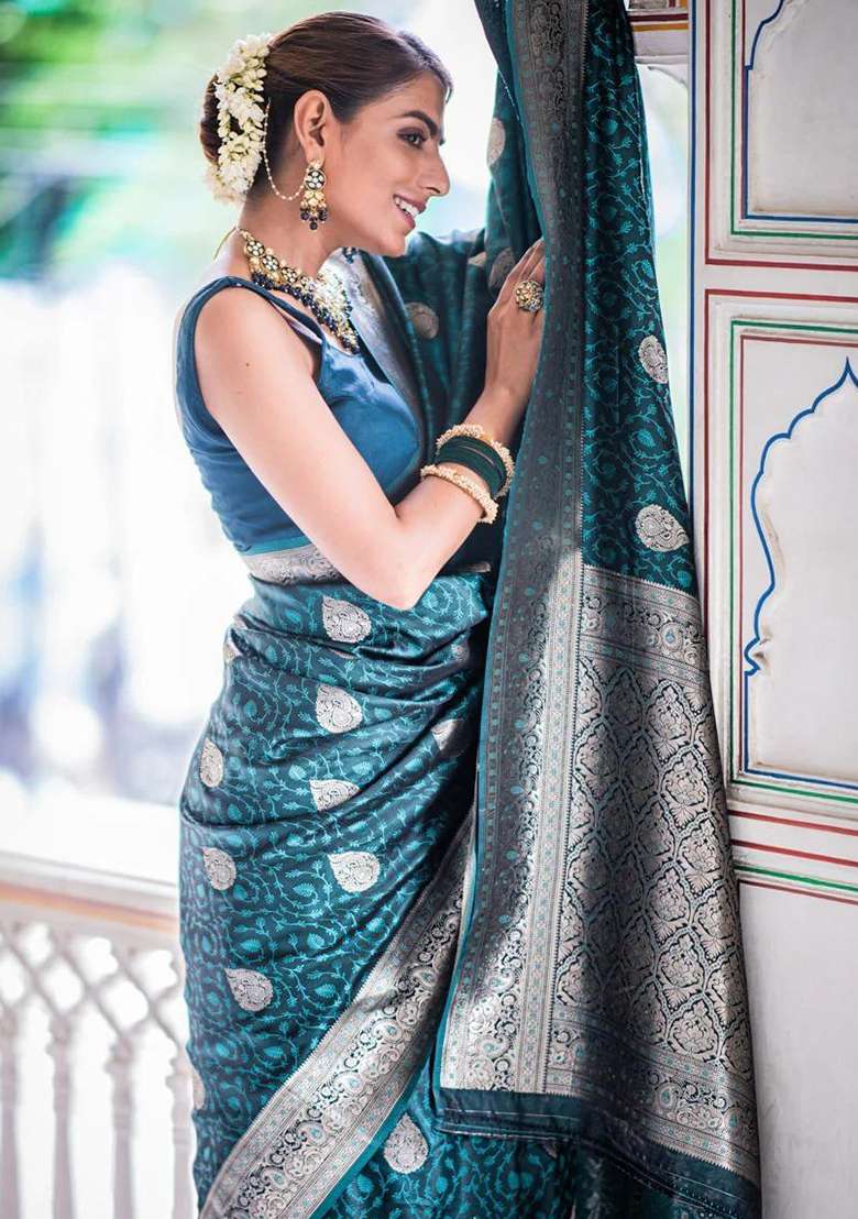 Blue Embroidered Silk Blend Saree Set for Diwali and Festive Wear - Indya