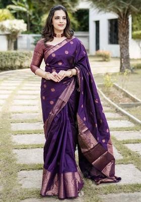 Purple Embroidered Silk Saree Set