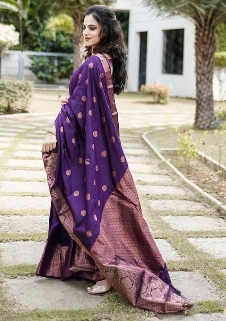 Purple Embroidered Silk Saree Set