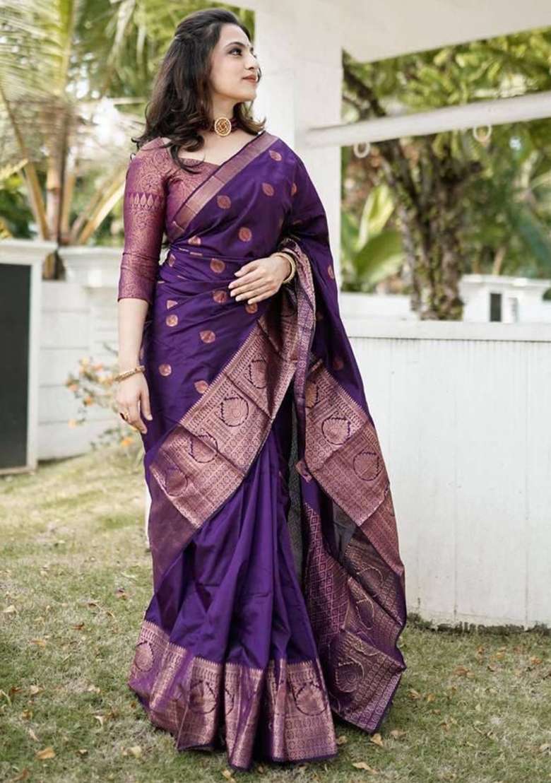Purple Silk Blend Saree Set with Embroidered for Diwali | Wedding & Festive Wear - Indya