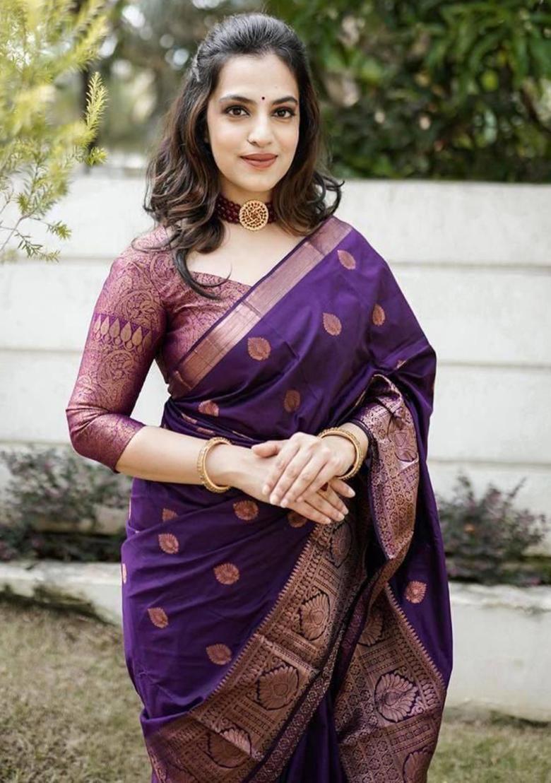 Purple Embroidered Silk Saree Set