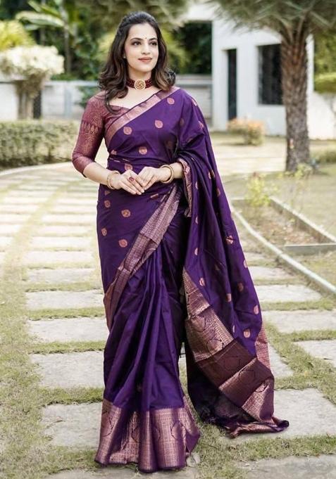 Purple Embroidered Silk Saree Set