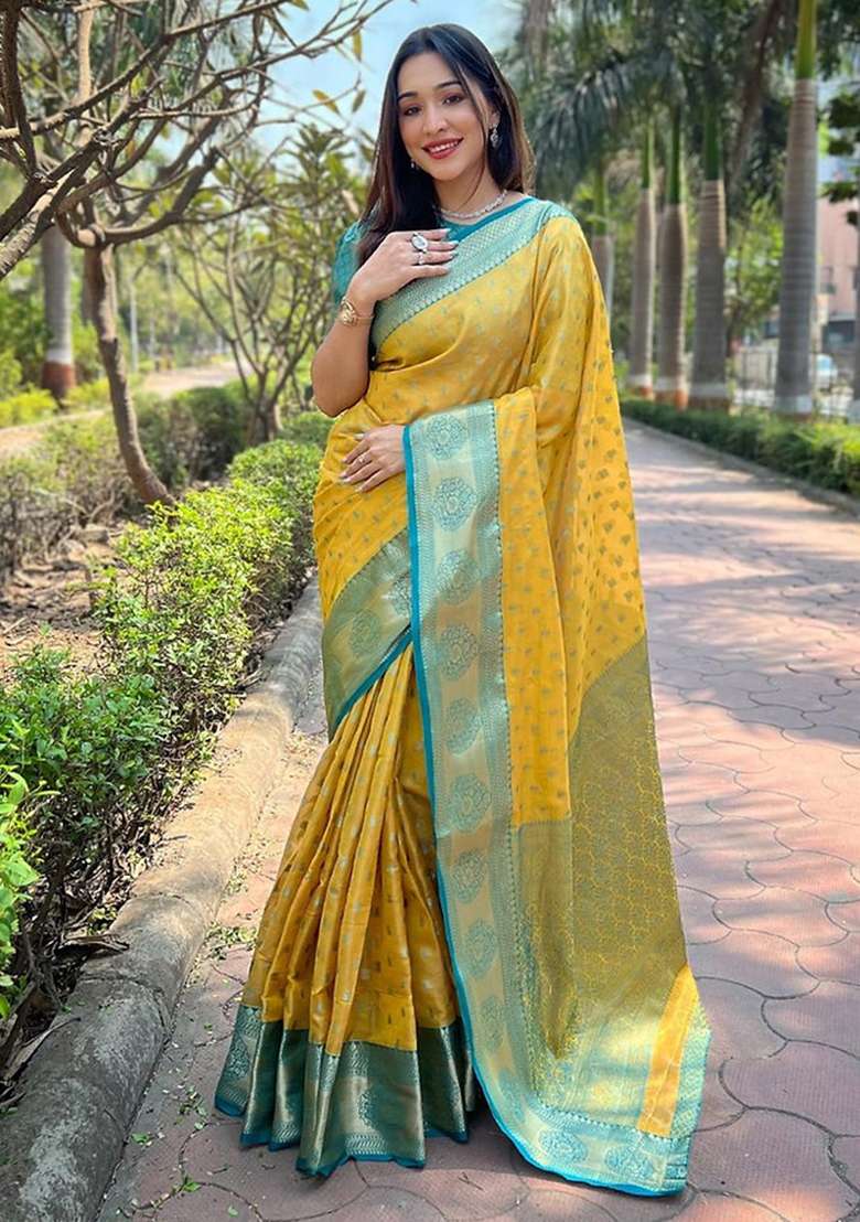 Yellow Embroidered Banarasi Silk Saree Set - Indya