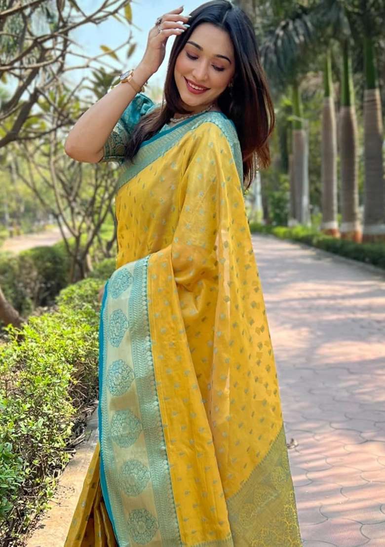 Yellow Embroidered Banarasi Silk Saree Set - Indya