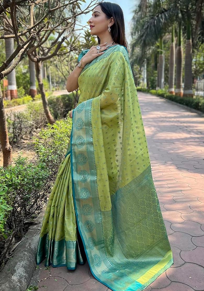 Light Green Embroidered Banarasi Silk Saree Set