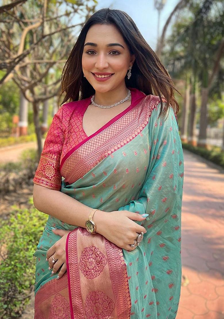 Sky Blue Embroidered Banarasi Silk Saree Set