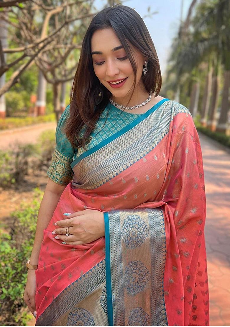 Peach Embroidered Banarasi Silk Saree Set