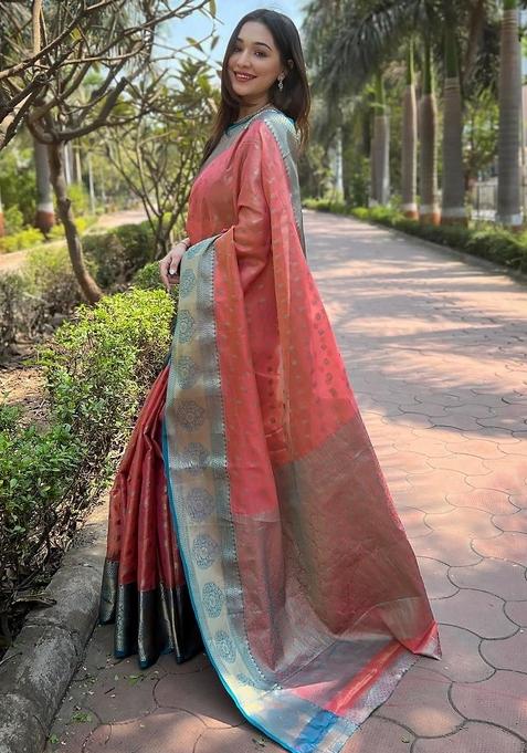 Peach Embroidered Banarasi Silk Saree Set