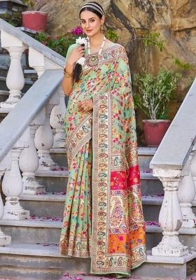 Light Green Embroidered Banarasi Silk Saree Set