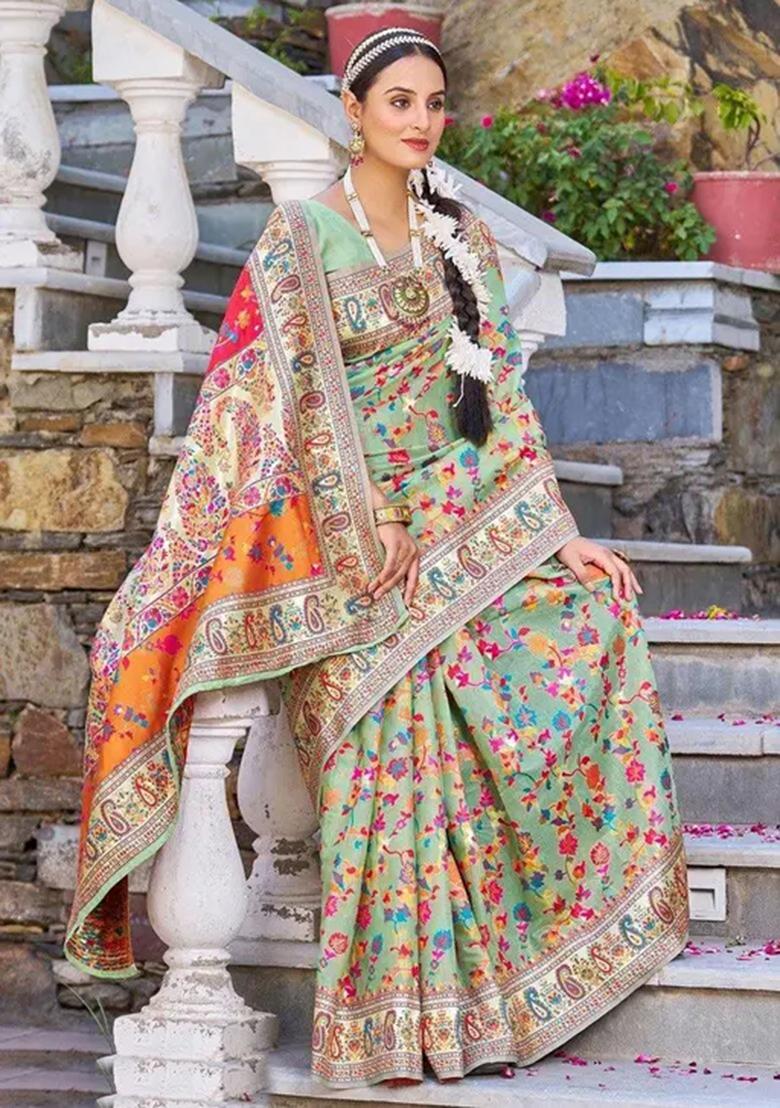 Light Green Embroidered Banarasi Silk Saree Set