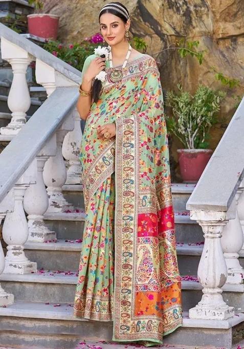 Light Green Embroidered Banarasi Silk Saree Set