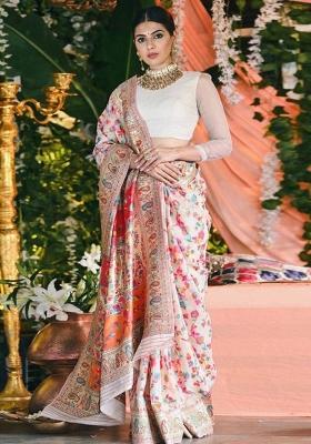 White Embroidered Banarasi Silk Saree Set