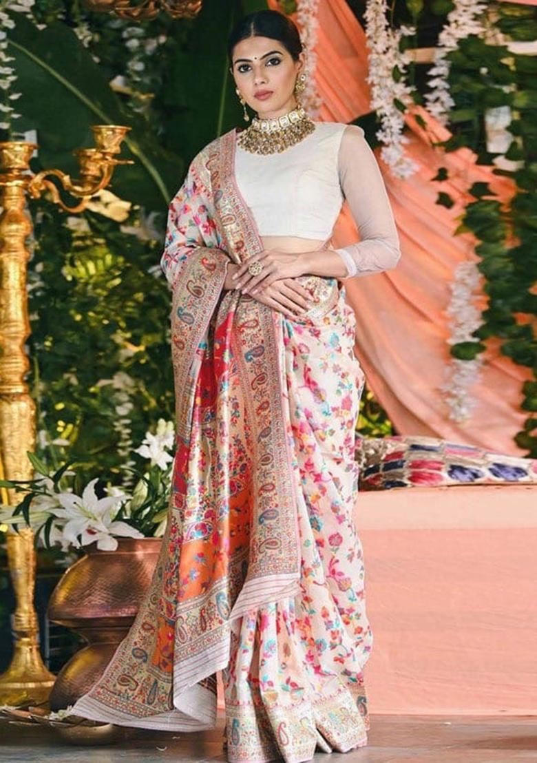 White Embroidered Banarasi Silk Saree Set