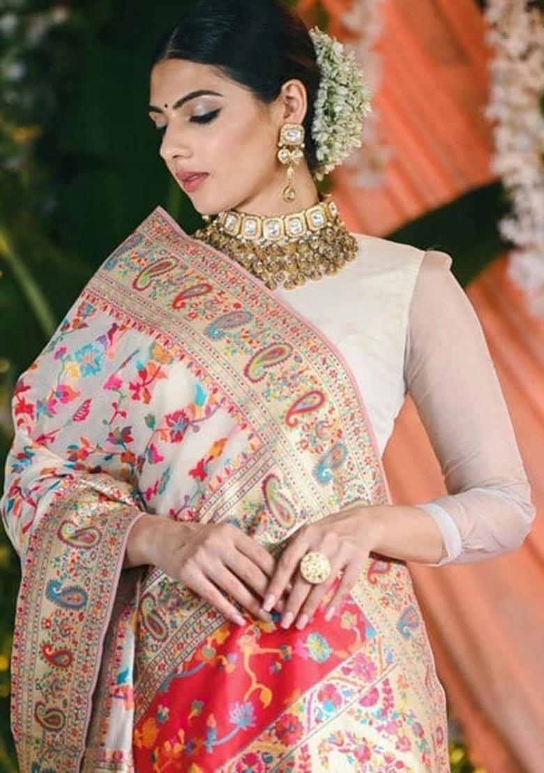 White Embroidered Banarasi Silk Saree Set