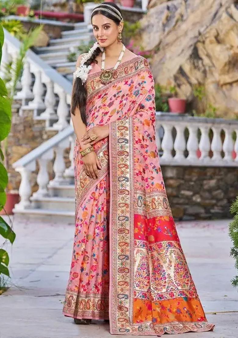 Pink Embroidered Banarasi Silk Saree Set