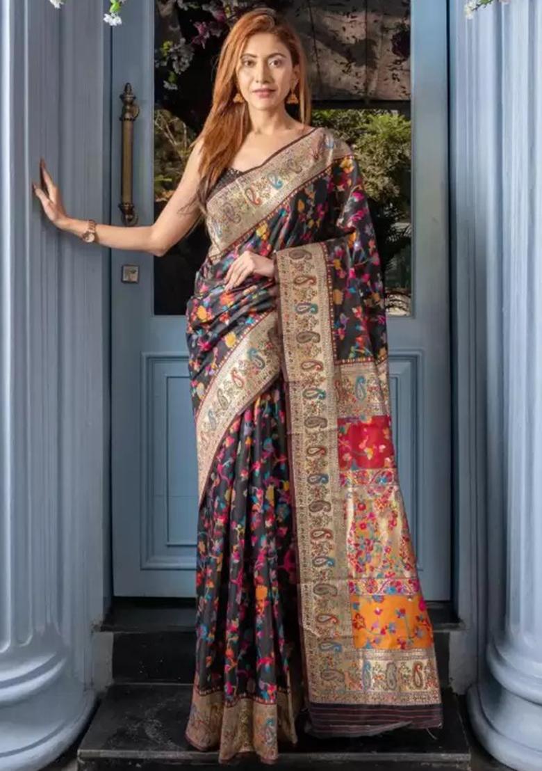 Black Embroidered Banarasi Silk Saree Set