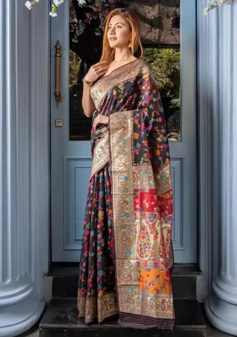 Black Embroidered Banarasi Silk Saree Set