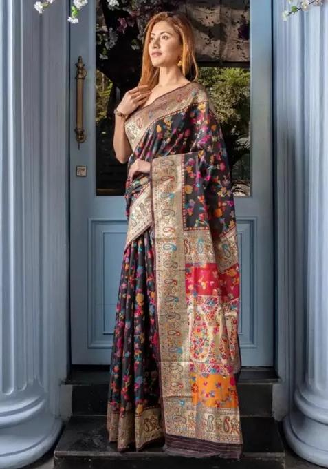 Black Embroidered Banarasi Silk Saree Set