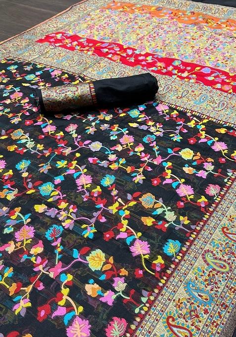 Black Embroidered Banarasi Silk Saree Set