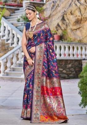 Navy Blue Embroidered Banarasi Silk Saree Set
