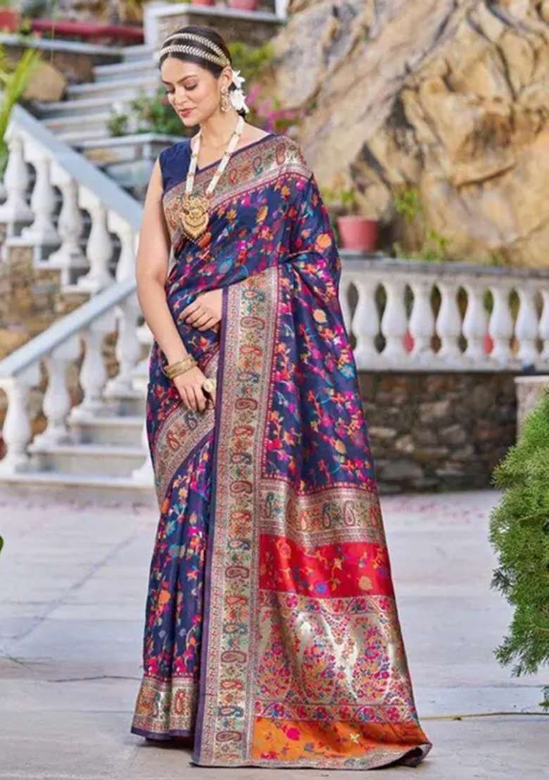 Navy Blue Embroidered Banarasi Silk Saree Set - Indya