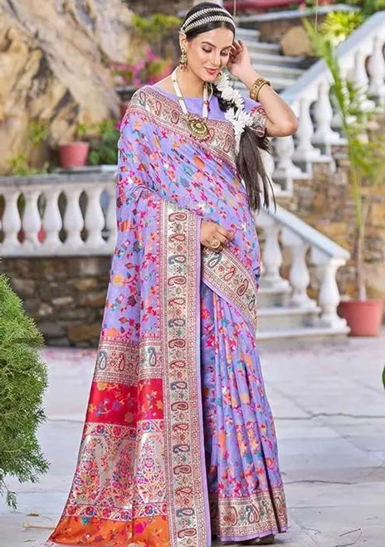Purple Embroidered Banarasi Silk Saree Set - Indya