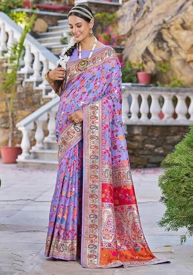 Purple Embroidered Banarasi Silk Saree Set