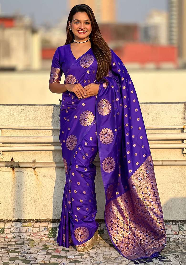 Royal Blue Blend Banarasi Silk Saree Set with Embroidered for Diwali | Wedding & Festive Wear - Indya