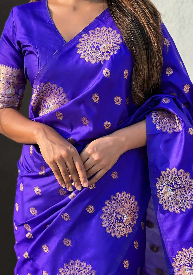 Royal Blue Blend Banarasi Silk Saree Set with Embroidered for Diwali | Wedding & Festive Wear - Indya