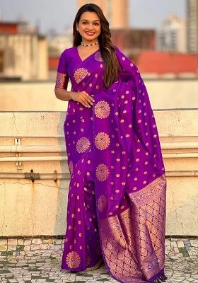 Purple Embroidered Banarasi Silk Saree Set