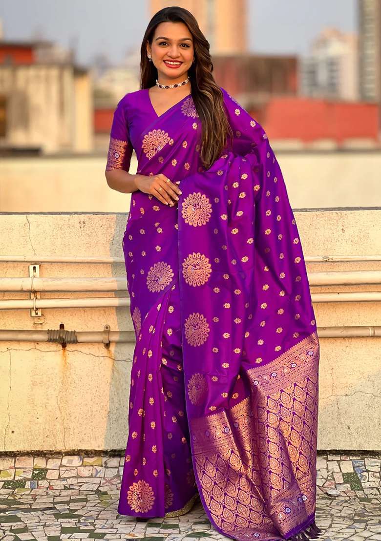 Purple Blend Banarasi Silk Saree Set with Embroidered for Diwali | Wedding & Festive Wear - Indya