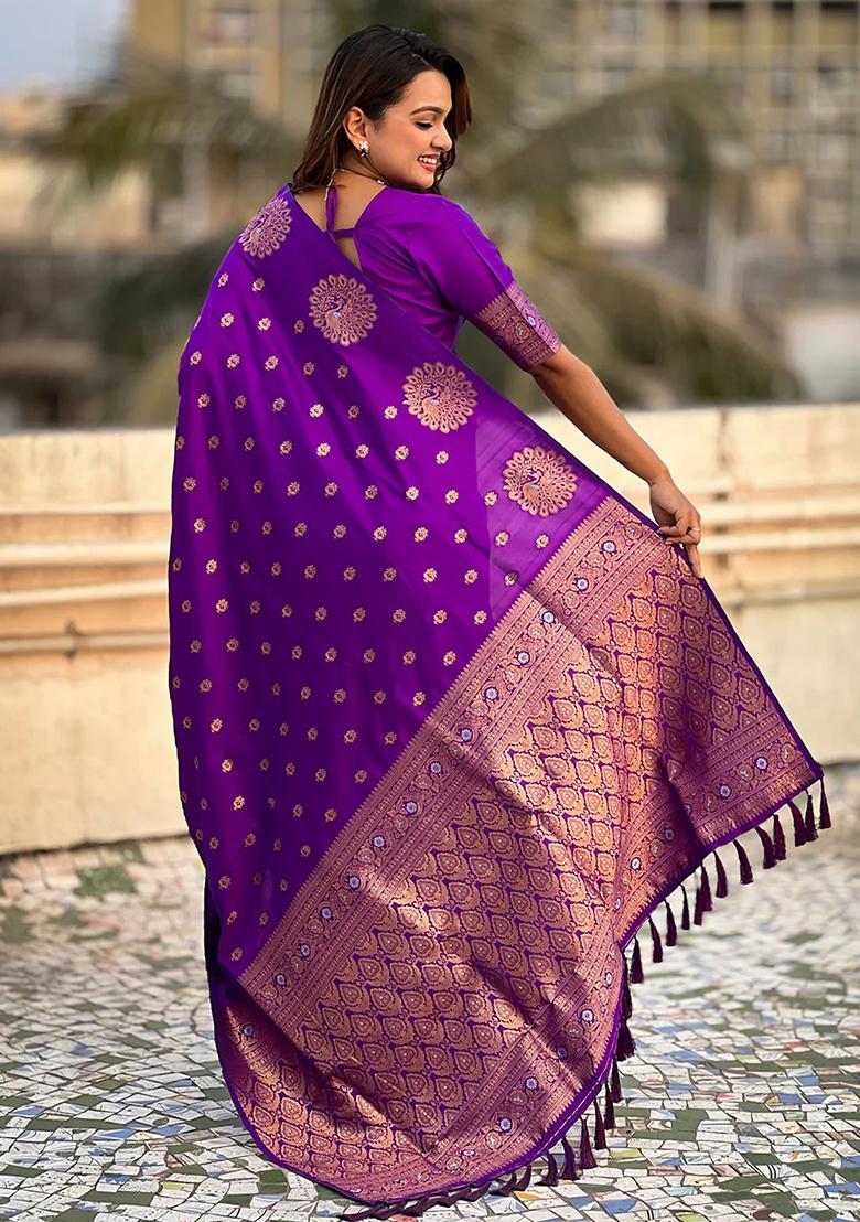 Purple Embroidered Banarasi Silk Saree Set