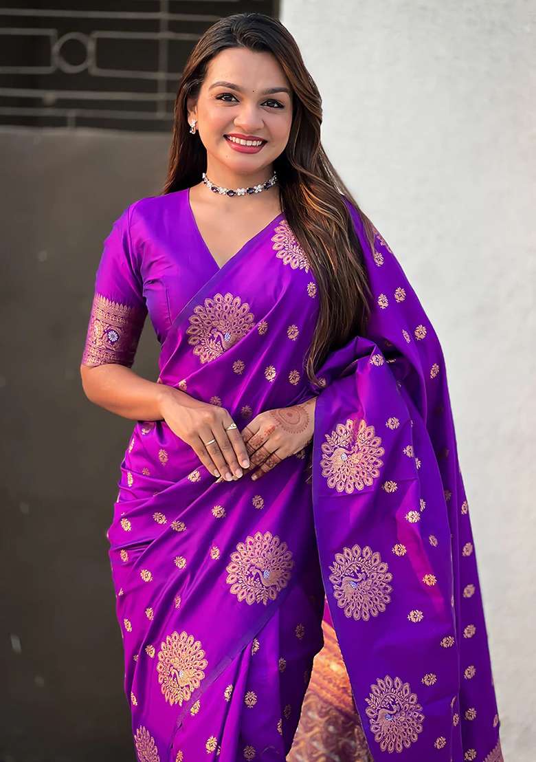 Purple Blend Banarasi Silk Saree Set with Embroidered for Diwali | Wedding & Festive Wear - Indya