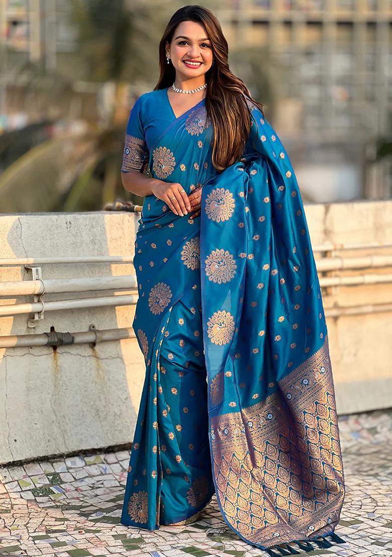 Blue Embroidered Banarasi Silk Saree Set