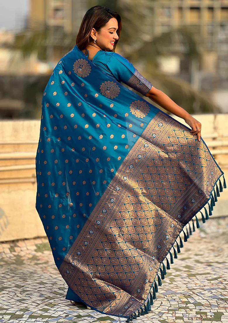 Blue Embroidered Banarasi Silk Saree Set