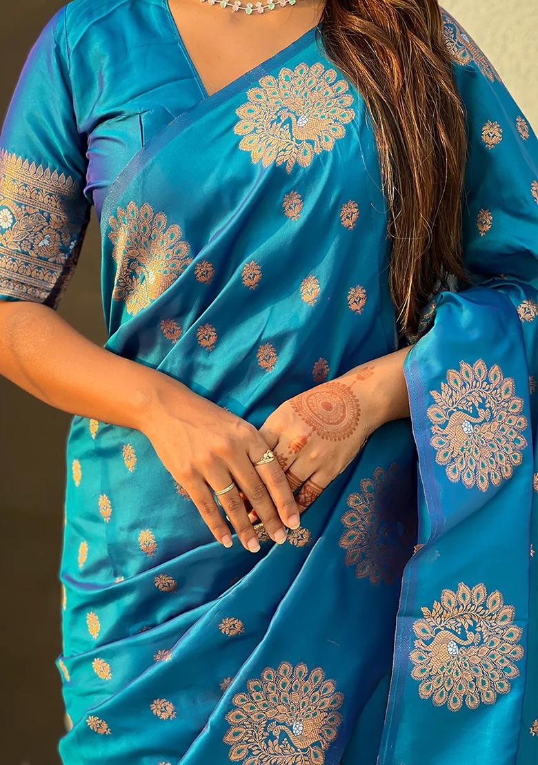 Blue Embroidered Banarasi Silk Saree Set