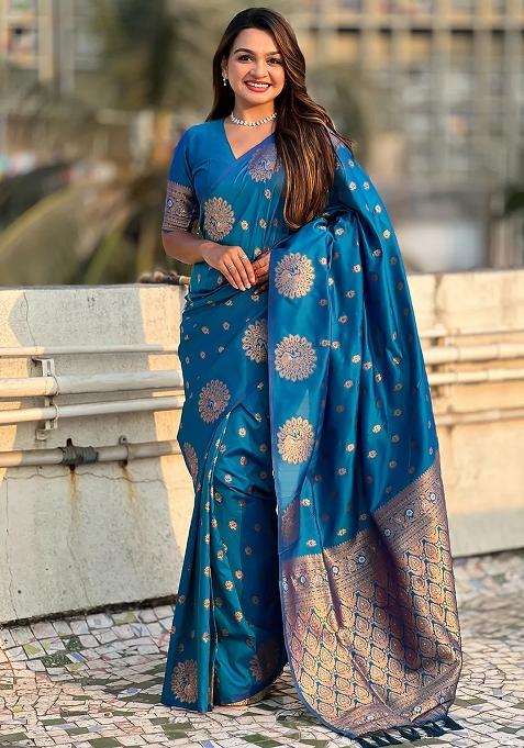 Blue Embroidered Banarasi Silk Saree Set