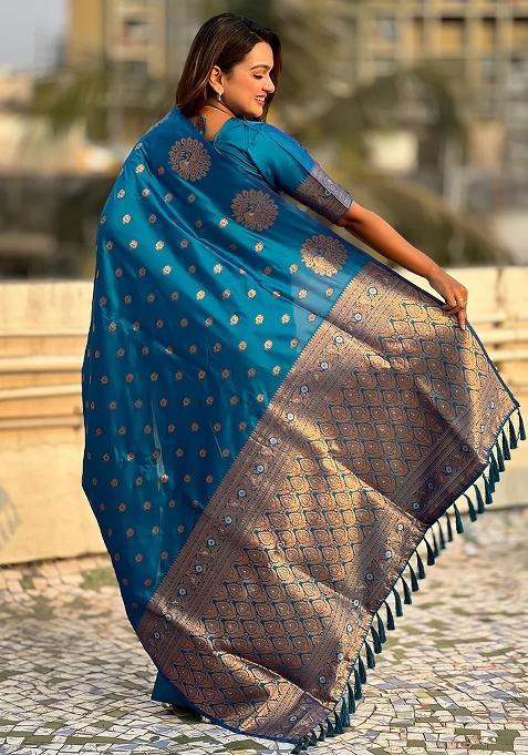Blue Embroidered Banarasi Silk Saree Set