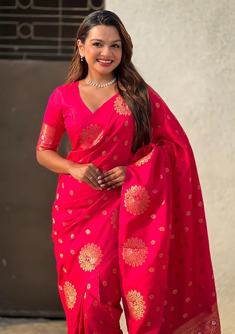 Pink Embroidered Banarasi Silk Saree Set