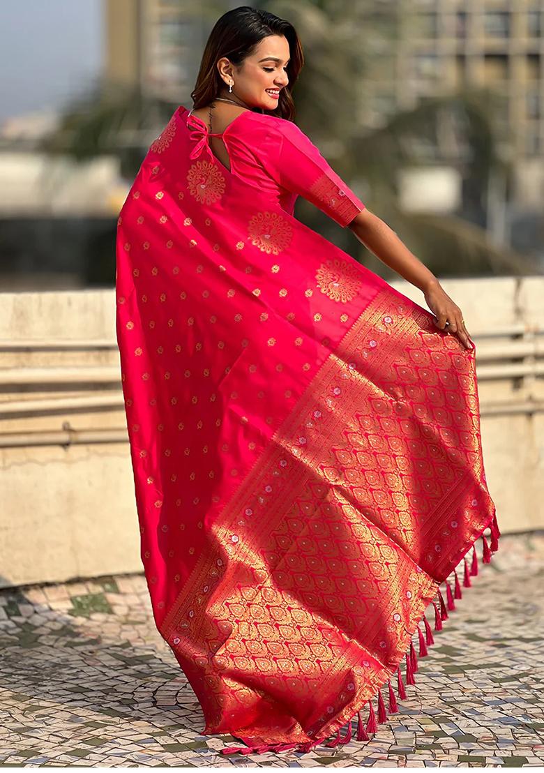 Pink Embroidered Banarasi Silk Saree Set