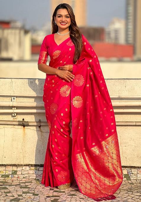 Pink Embroidered Banarasi Silk Saree Set