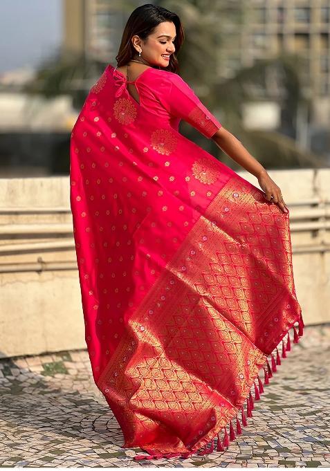 Pink Embroidered Banarasi Silk Saree Set