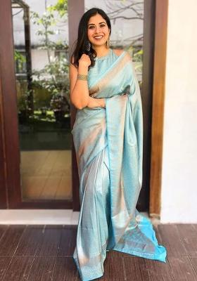 Sky Blue Embroidered Silk Saree Set