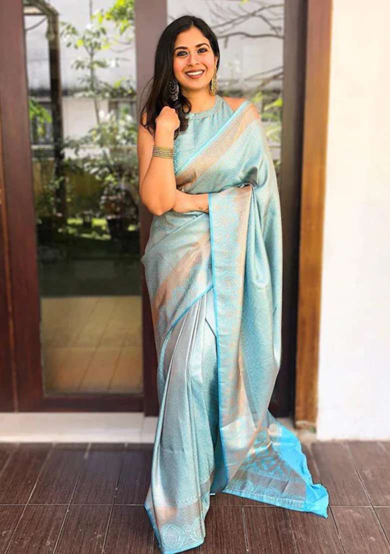 Sky Blue Silk Blend Saree Set with Embroidered for Diwali | Wedding & Festive Wear - Indya