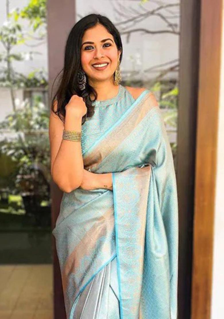 Sky Blue Embroidered Silk Saree Set