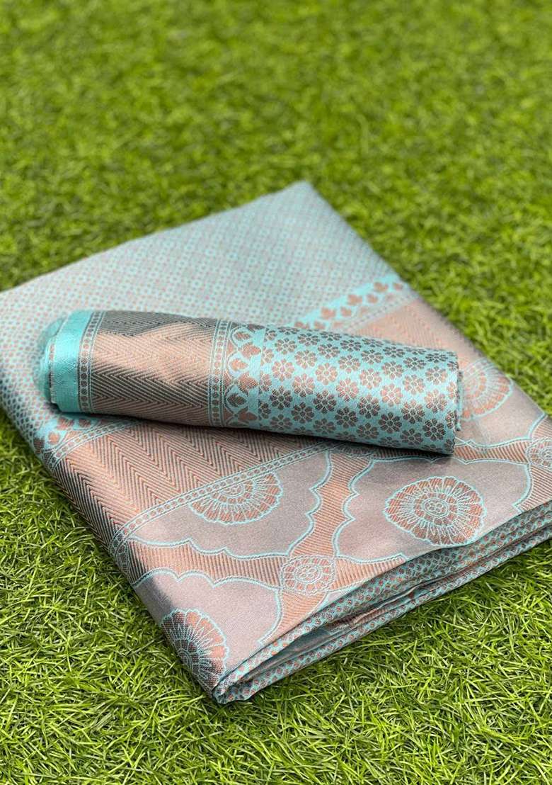 Sky Blue Silk Blend Saree Set with Embroidered for Diwali | Wedding & Festive Wear - Indya